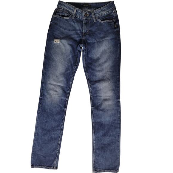 Silver Jeans Denim - Silver Jeans Suki Straight Dark Distressed Indigo Stretch 26W/32L